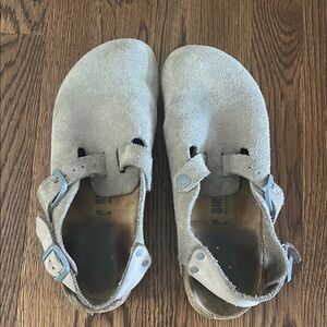 Birkenstock Gray Mules with Cork Footbed and Two-Strap Design